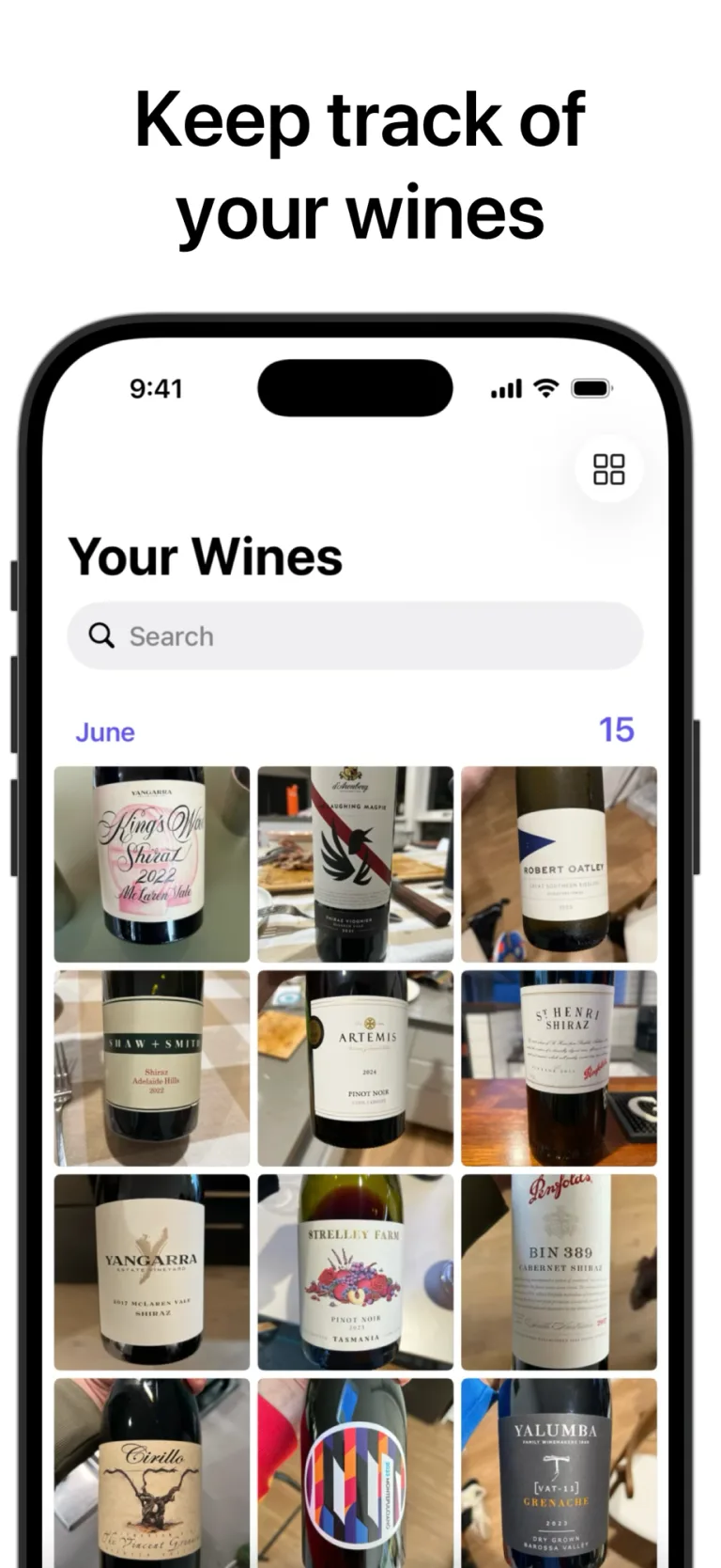 Personal wine collection in grid view